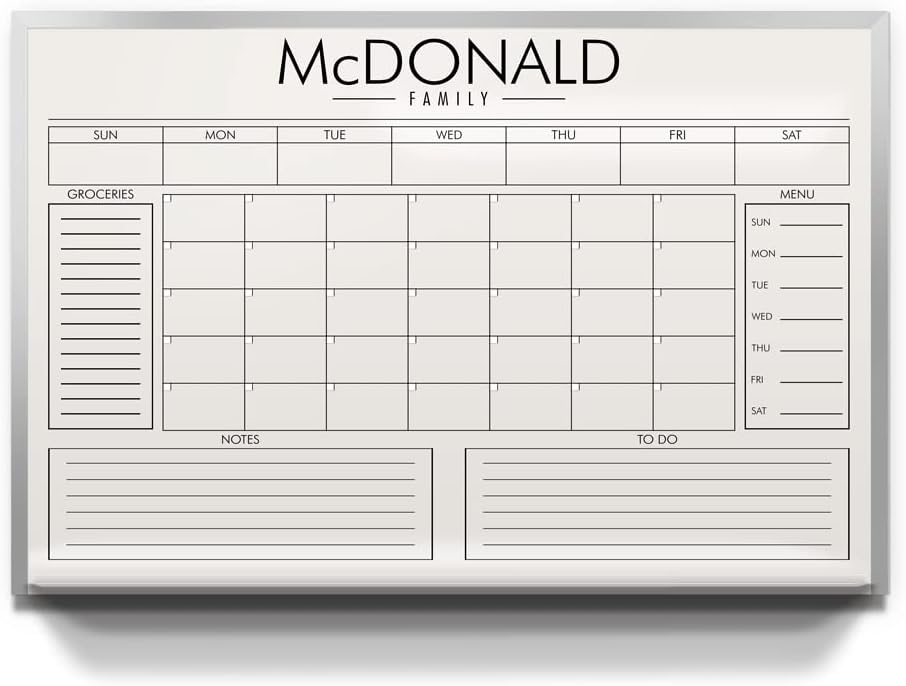 Personalized 24″‘ Wide x 18″‘ Tall Dry Erase Whiteboard with Custom Name, Monthly Family Calendar & Command Center