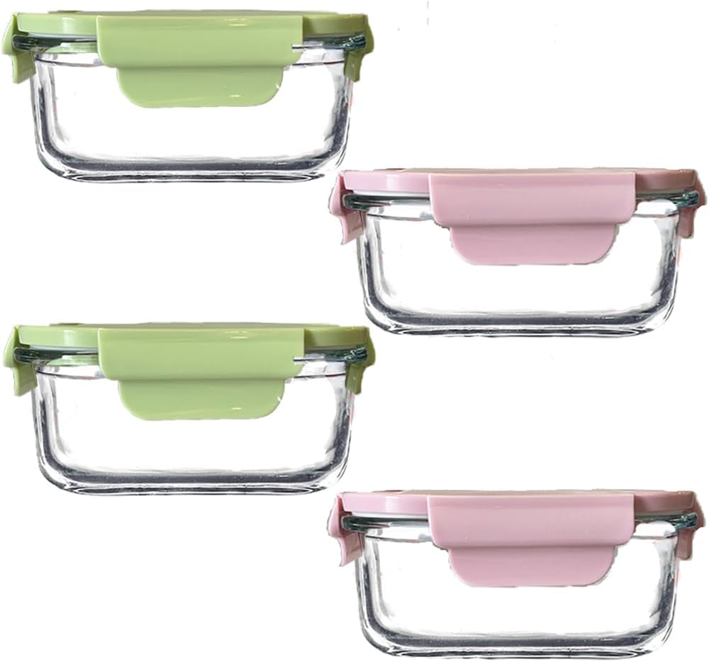 Square 2cup Glass Food Storage Containers with Airtight Lids, 16oz Glass Meal Prep Containers, Square Food Bowl For Lunch, Fruit, Snack, Dishwasher Microwave Freezer Safe (Pink+Green)