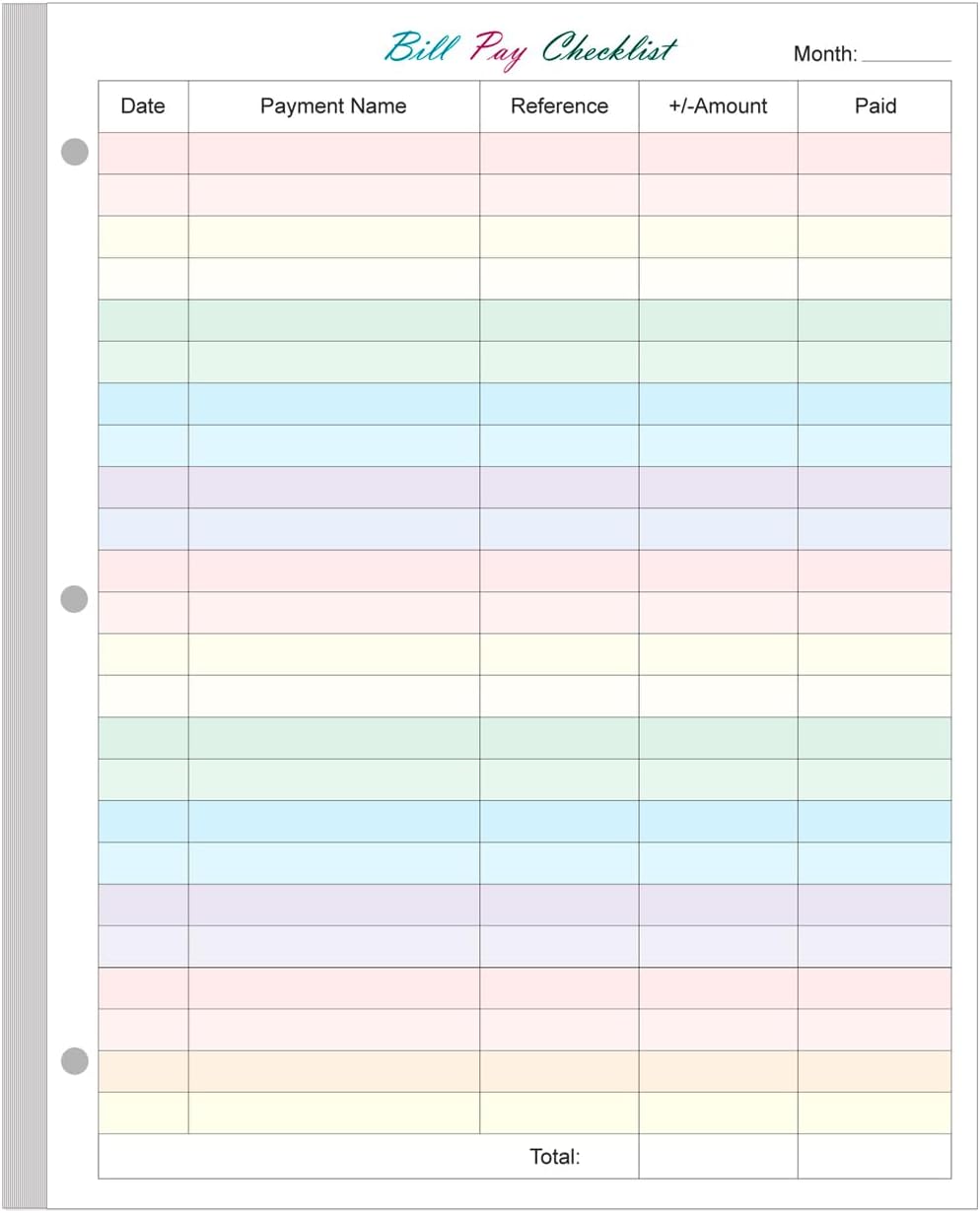 A4 Bill Payment Checklist Refills Paper – 3-Hole Punched Loose Leaf Budget Planner Refill, 50 Sheets/100 Pages Colorful Monthly Budget Forms, 100 gsm White Paper, 8.5″ x 11″