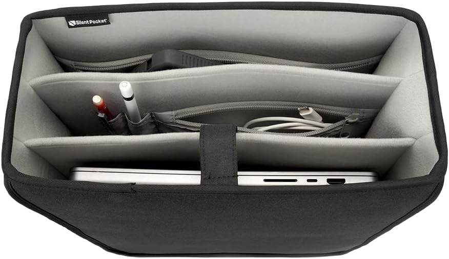 SLNT Backpack Organizer Insert – 20L Faraday Bag Compatible, Black | Semi-Rigid Neoprene Construction, Lightweight Design, 20-Liter Capacity, Velcro Securing Strap, Multiple Compartments