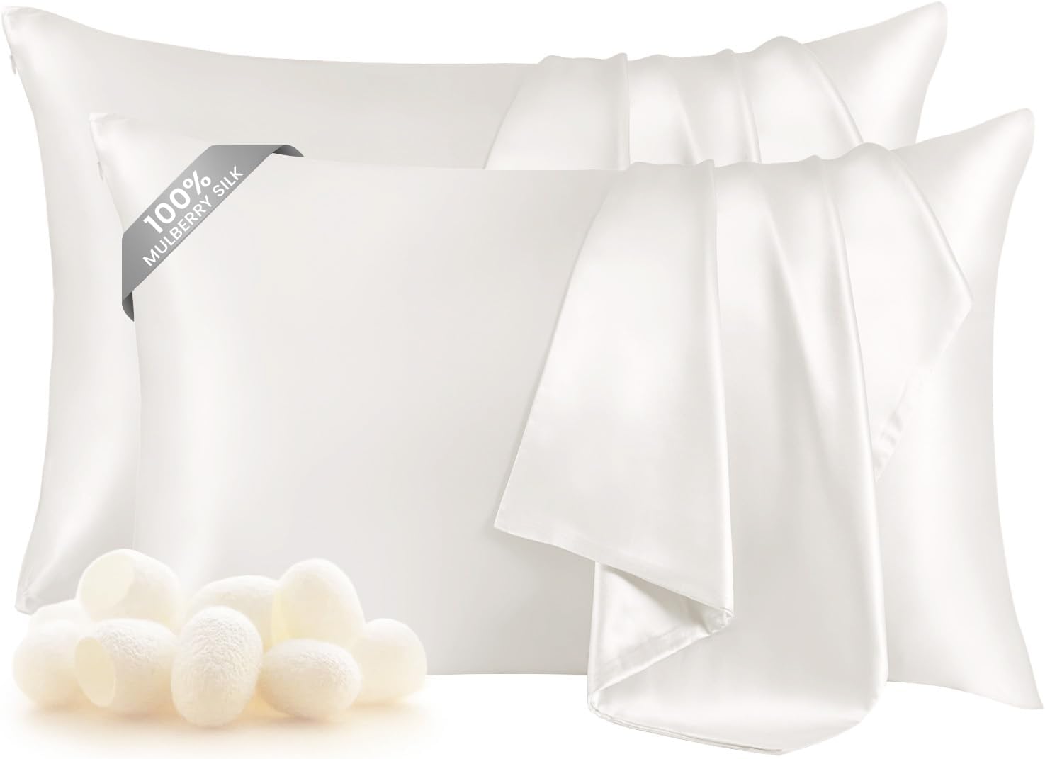 THXSILK Set of 2 100% Silk Pillowcase for Hair and Skin, Both Sides Grade 6A+ Mulberry Silk Pillow Case with Hidden Zipper, Soft and Smooth White Pillowcase, Queen Size 20″x30″