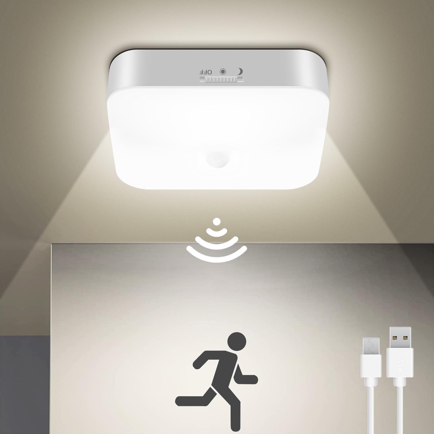Rechargeable Motion Sensor Closet Light, 500LM Wireless Ceiling Light White | 5000K Cool White, Battery Operated, Motion Sensored Activated, Indoor Use for Hallway, Stairs, Pantry, Bathroom, Garage