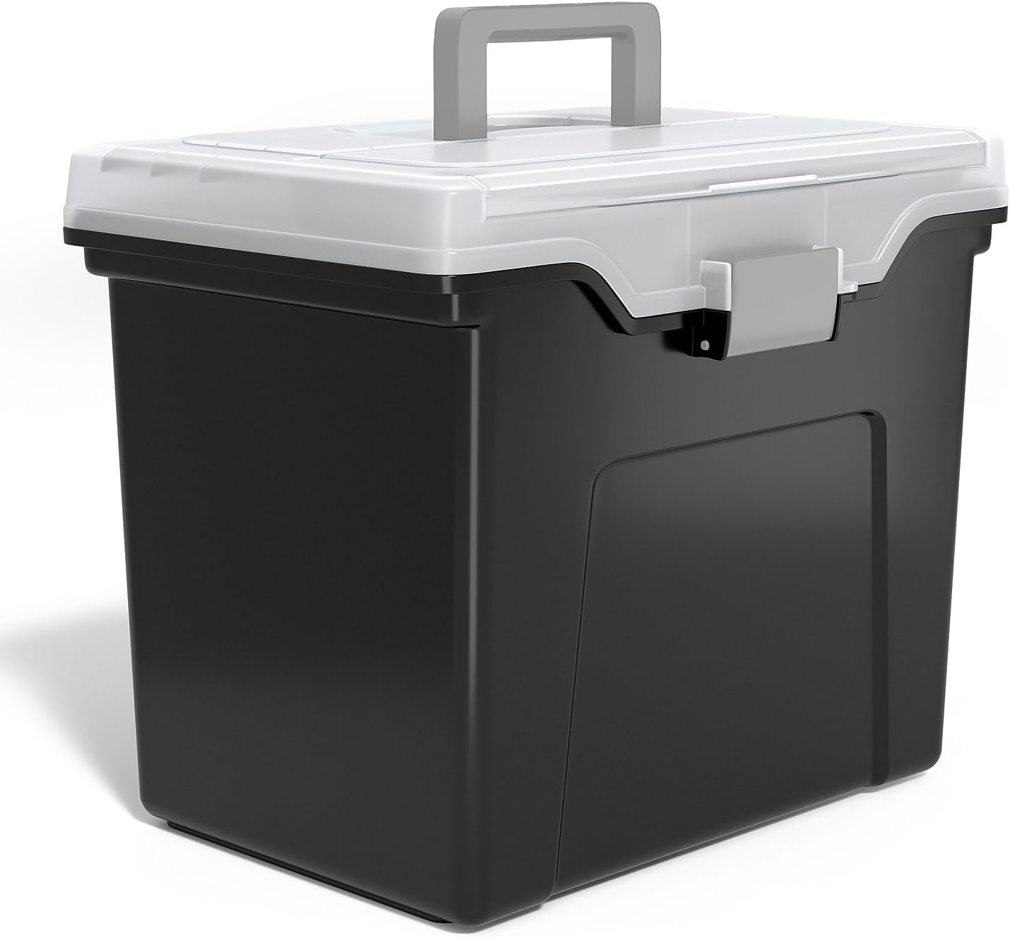 Staples File Folder Tote, Portable Filing Box for Letter Size Hanging Files | Black/clear tote with security latch and built-in lid organizer for easy file transport.