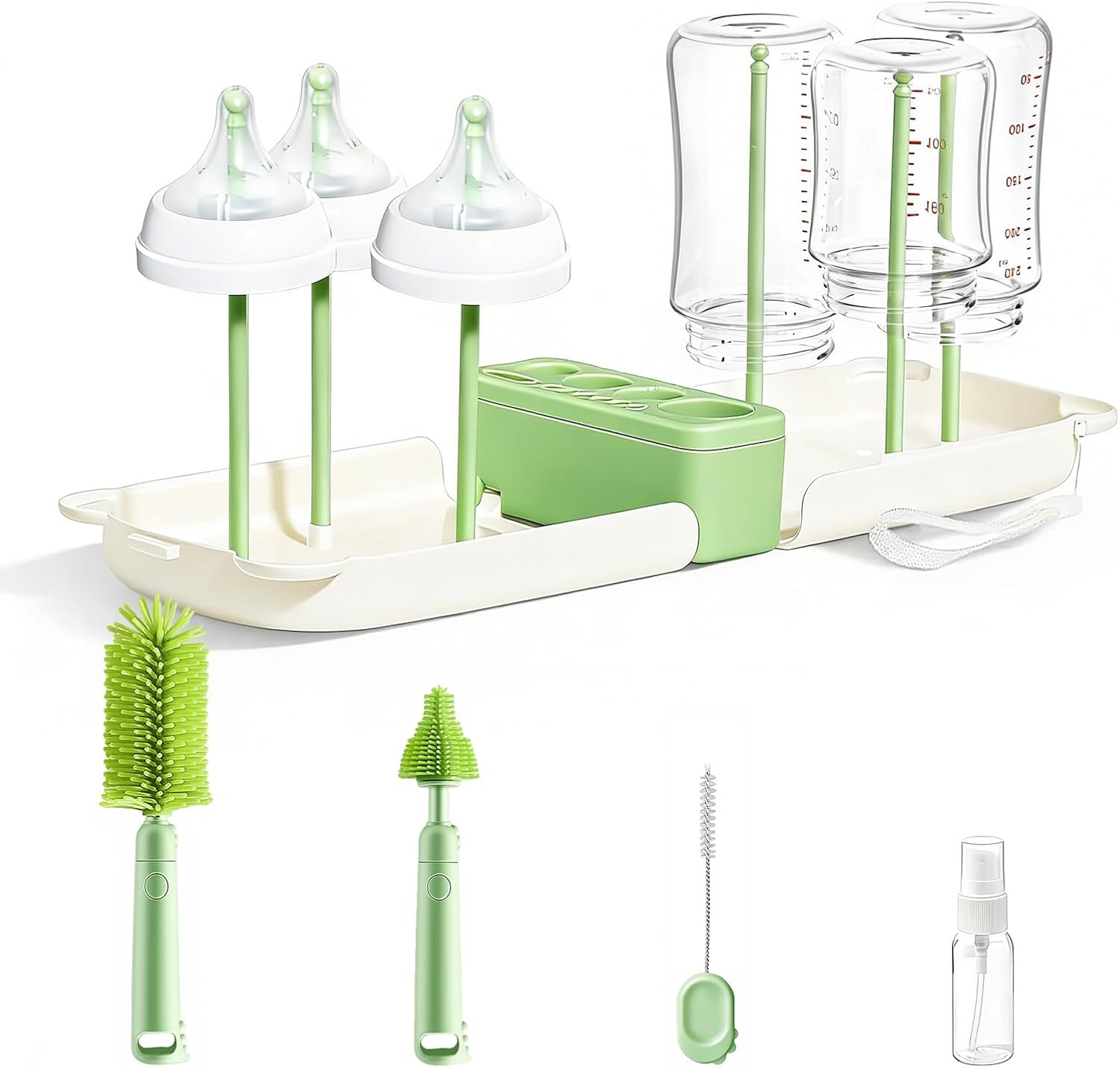 Travel Bottle Washing Kit with Storage Case, 7-in-1 Baby Travel Bottle Cleaner Kit for Travel and Home, All-in-One Baby Bottle Brush Set with Drying Rack for Bottles and Breast Pump Parts (Green)
