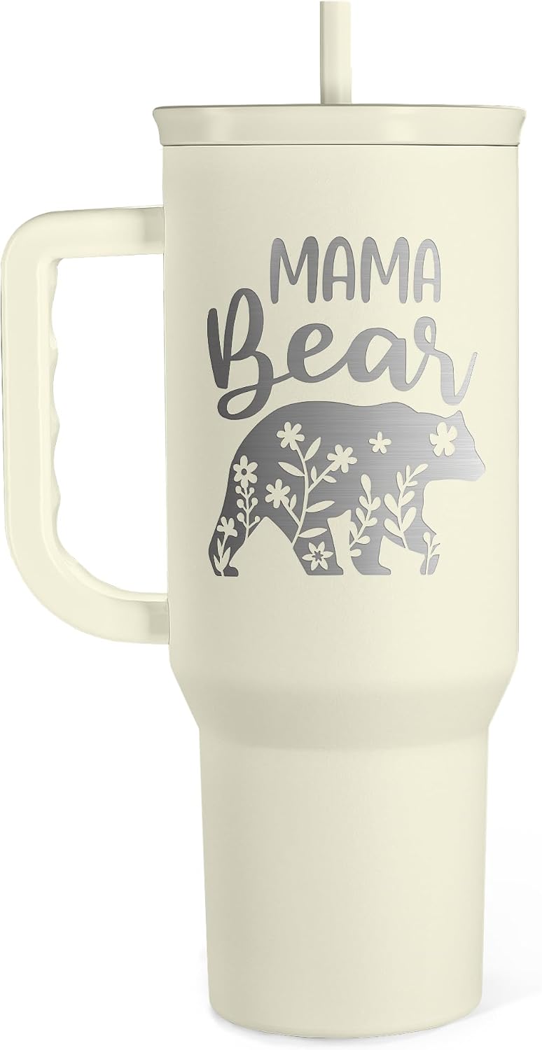 Mom Tumbler with Handle 40oz, Mama Bear Cup Stainless Steel Insulated Tumblers Coffee Travel Mug, Gifts for Moms from Daughter Son, Best Mother Gift for Christmas Birthday Mothers Day
