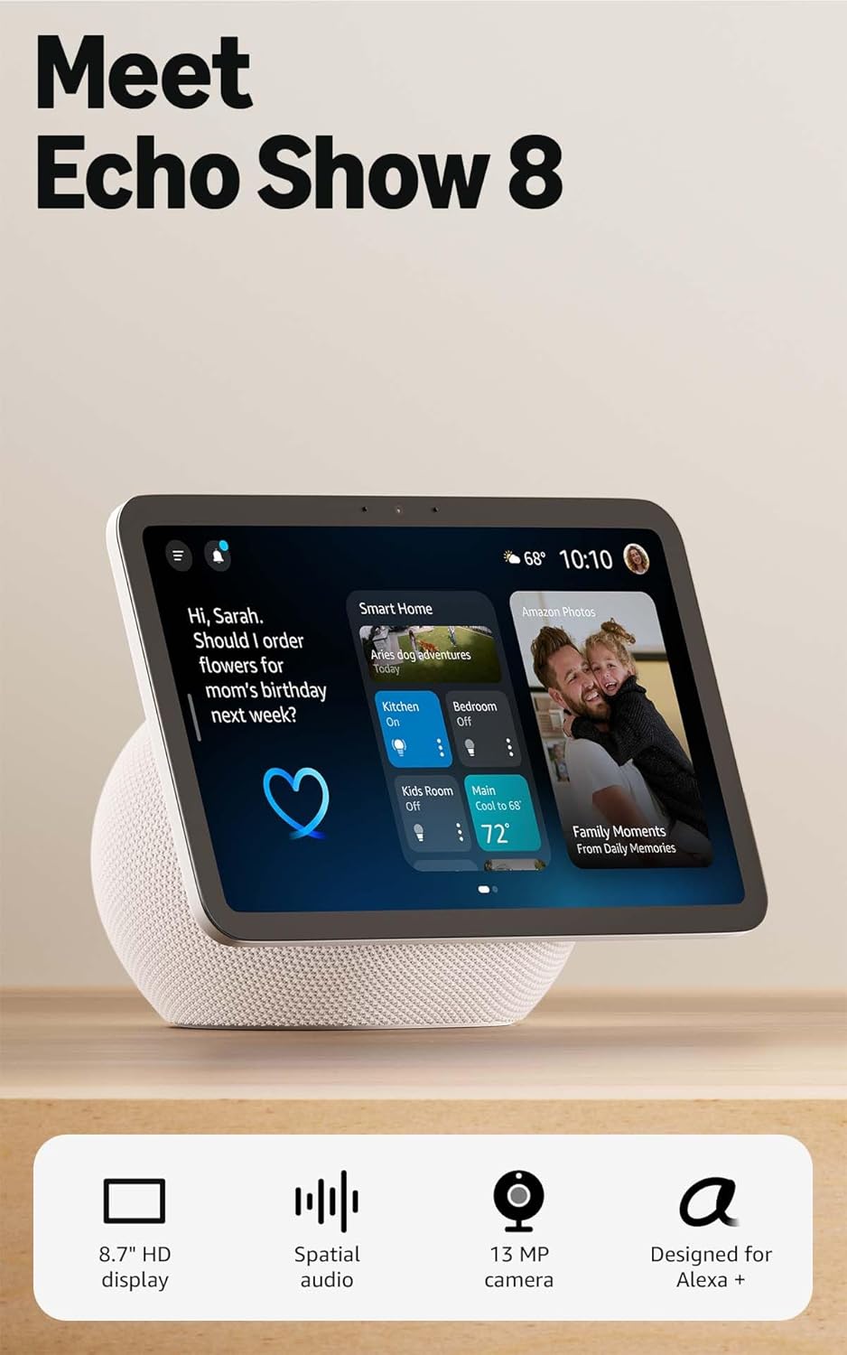 Amazon Echo Show 8 (newest model), Vibrant HD 8.7″ display with spatial audio, Designed for Alexa+, Glacier White