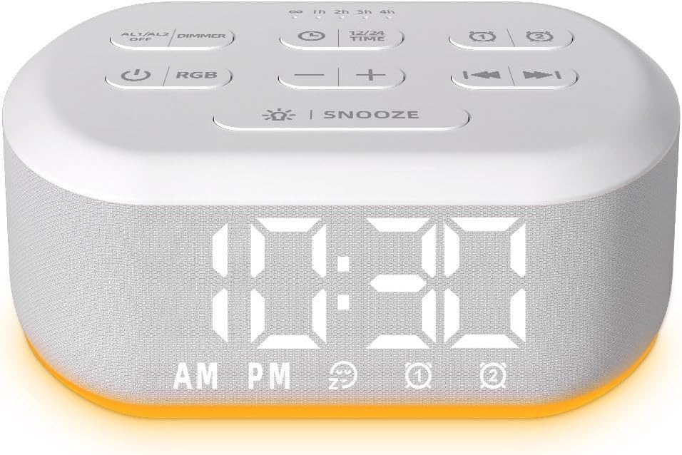 White Noise Alarm Clock Sound Machine for Bedroom Small Brown Noise Machine with 30 Soothing Sound Plug in Bedside Clock with NightLight Battery Backup 15 Wake up Sound Clock for Kids Heavy Sleeper