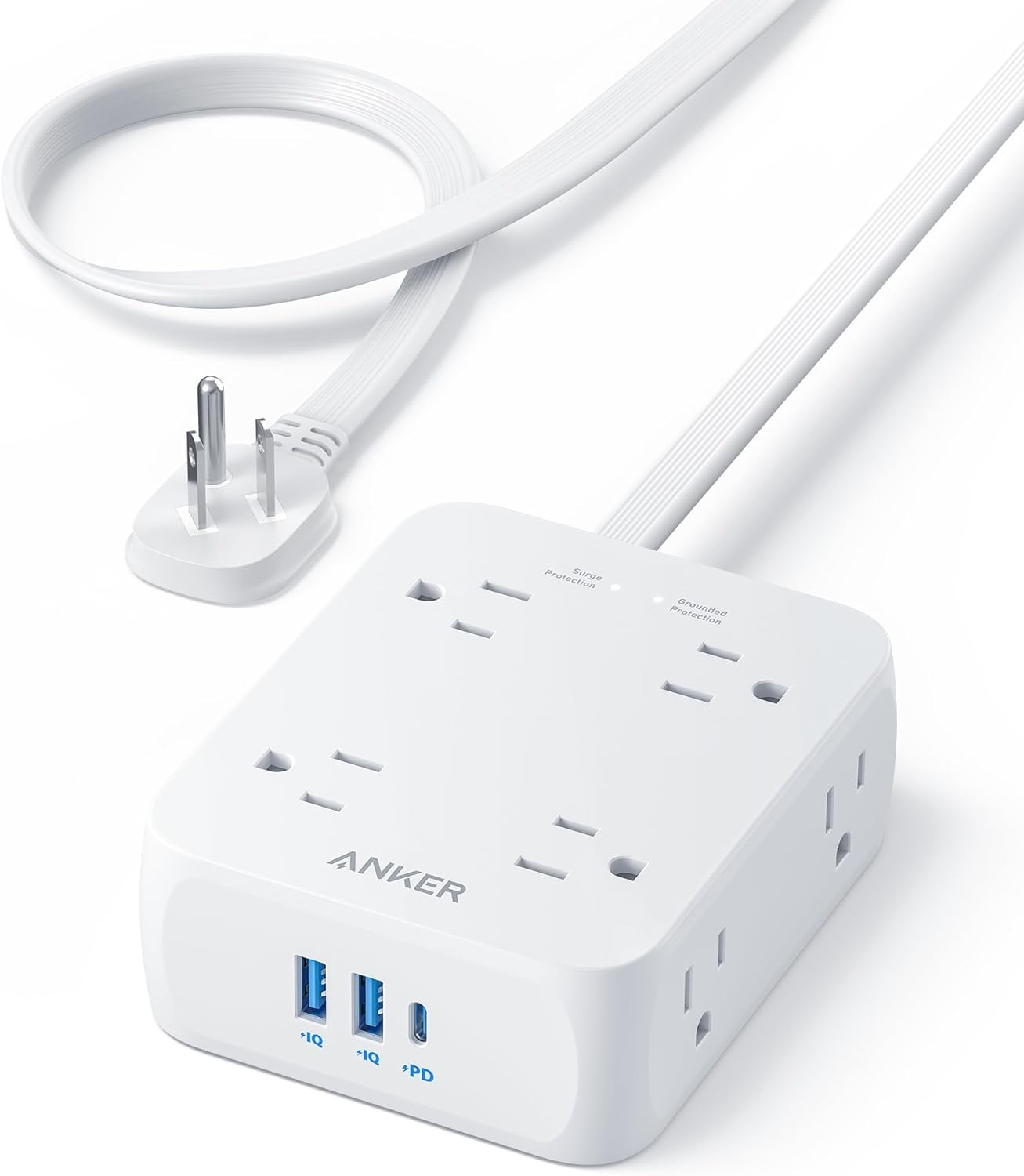 Anker Power Strip with 2000J Surge Protector, 5ft Outlet Extender, 20W, 8AC | Flat Plug Extension Cord with Multiple Outlets, 1 USB C, 2 USB A, Dorm Room Essentials, Home Office, TUV Listed
