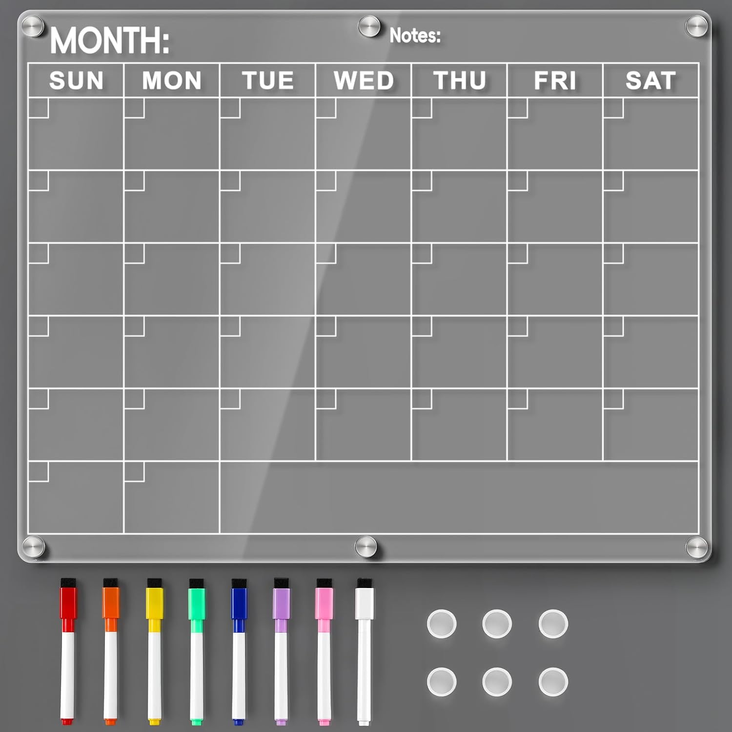 Acrylic Fridge Calendar, Magnetic Monthly Planner with 8 Color Markers, Clear Dry Erase Board for Events/Meetings/Shopping Lists – 14.5 * 11.5”