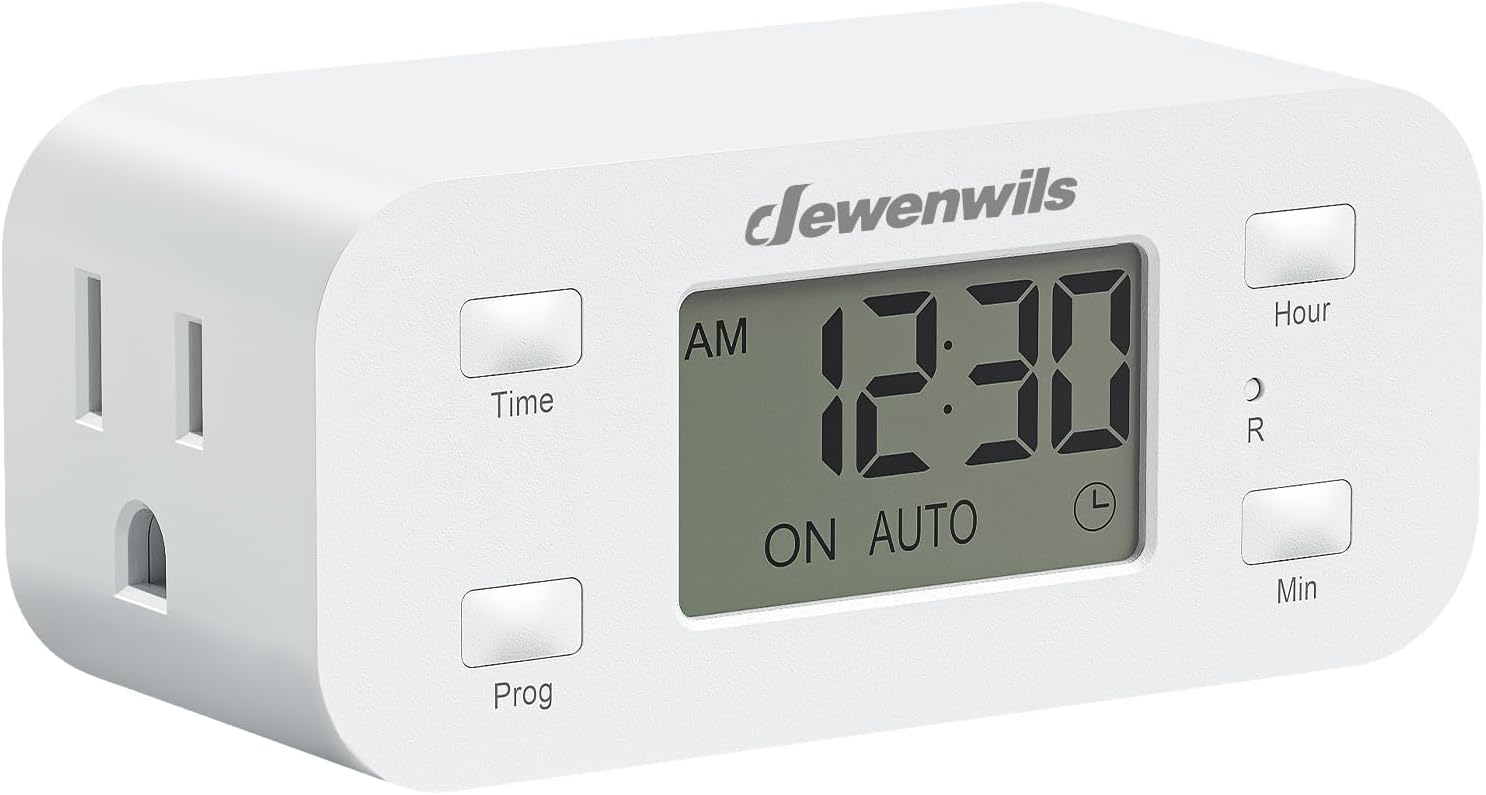 DEWENWILS 24 Hour Programmable Digital Timer Outlet with 1 Outlet, White | 125V/15A/1000W, 1/2 HP, 3 Prong Light Timer for Indoor Lamp, Fan, Aquarium, Christmas Decorations, Reptile Tanks