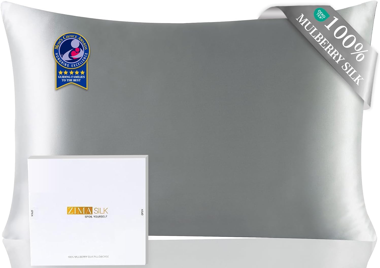 ZIMASILK Upgraded 100% Pure Mulberry Silk Pillow Cases, Grey, Standard | 6A Grade 19 Momme Silk, Hair and Skin Care, Reinforced Hidden Zipper, Soft & Smooth, Gift Box, 1pc (Standard 20″x26″)