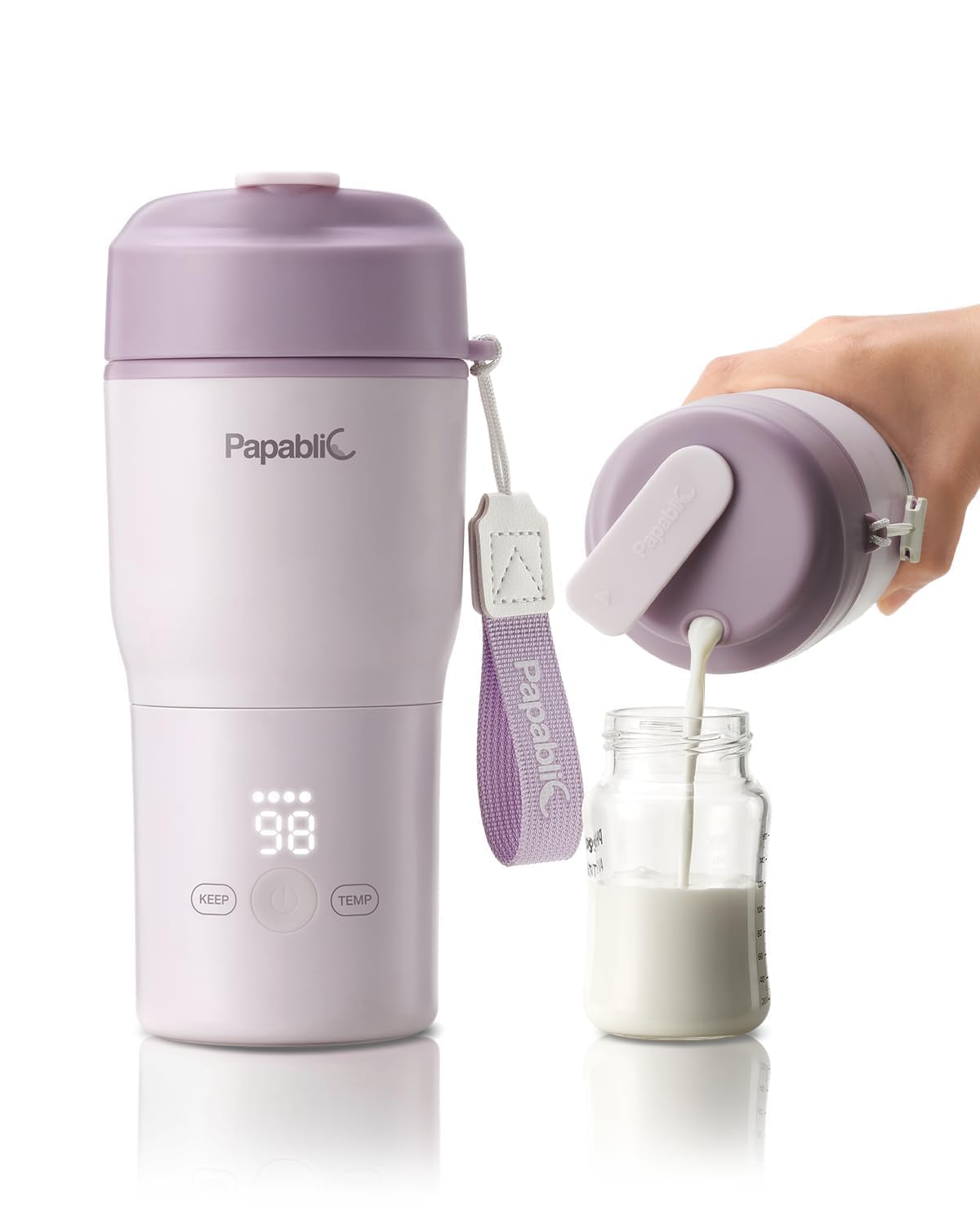 Papablic Portable Bottle Warmer, Breast Milk Warmer, Purple | 85W Fast Heating | Rechargeable | Wide Mouth & Easy Cleaning | Adjustable Temperature Control | Fits Car Cup Holder