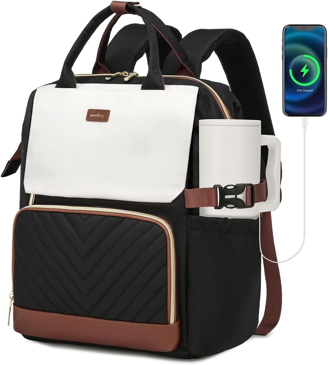 Bookbag for Women Laptop Backpack, Teacher Nurse Work Computer Bags with Cup Holder & USB Charger for Travel, School Bag College Back Pack for Girls, BlackWhiteBrown