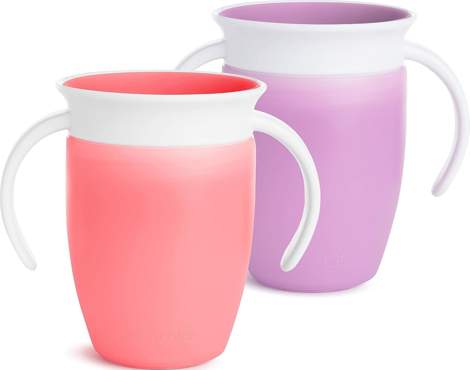 Munchkin Miracle 360 Sippy Cup for 6 Month Old, Spill Proof Baby and Toddler Cups with Transition Handles, 7 Ounce, 2 Pack, Pink/Purple