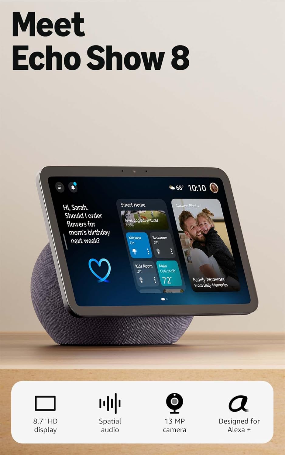 Amazon Echo Show 8 (newest model), Vibrant HD 8.7″ display with spatial audio, Designed for Alexa+, Graphite