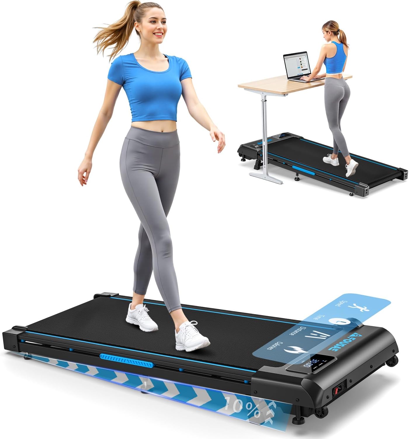 Walking Pad Treadmill, 6.2MPH Under Desk Walking Pad with 10% Incline, Treadmills for Home with Double Frame, 2.75HP Brushless Drive, 12 HIIT Programs, Remote Control, 350LBS Capacity