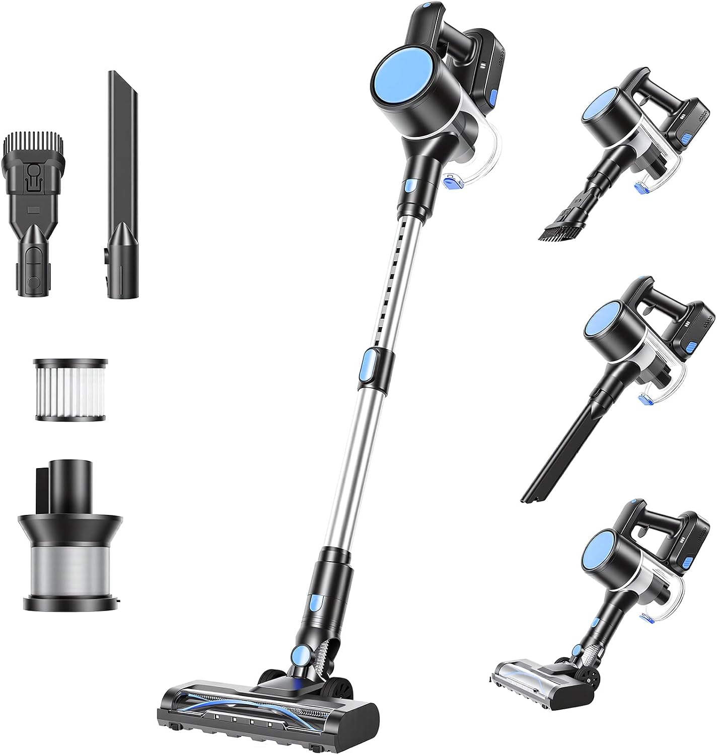 OLIXIS Cordless Vacuum Cleaner, Rechargeable Upright Cleaner with Flexible Steering, Extendable Wand, LED Headlight, 3 Brushes & Wall Mount, Handheld Vacuum for Hardwood Floor Home Cleaning