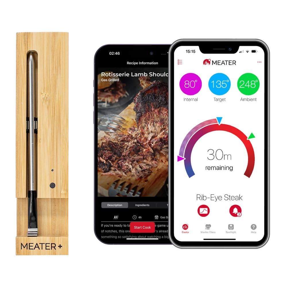 MEATER Plus Smart Meat Thermometer, Honey, Bluetooth, 165ft, Grill & Oven | 165ft Bluetooth range for BBQ, grill, oven, smoker, air fryer, kitchen. Great for steak, chicken, turkey. Recipes in app.