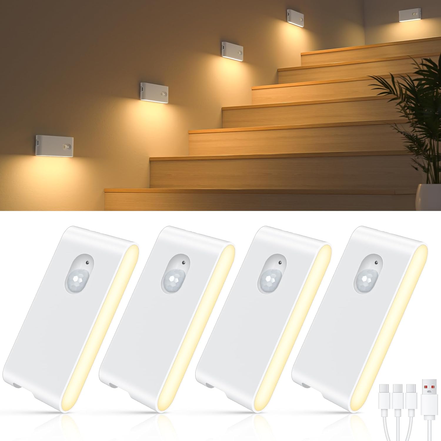 WILLED Stair Lights Indoor,Warm White Rechargeable Night Light,Wireless Motion Sensor Night Light,Battery Stick On Lights for Stairway,Hallway,Kitchen,Closet,Cabinet,Bedroom,Kids’ Room(4-Pack)