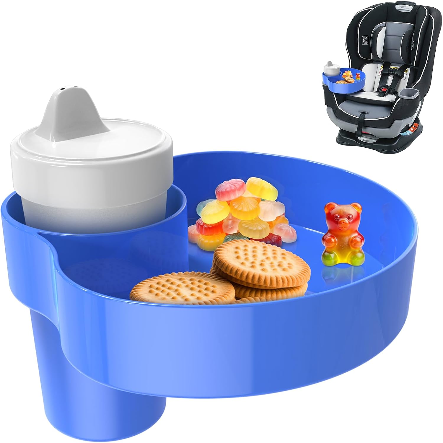 Kids Car Seat Cup Holder Snack Tray – Toddler Travel Essentials for Mess-Free Snacking on Road Trips, Travel Accessory Compatible with Safety Seats & Strollers Console, (Blue, 1 PACK)