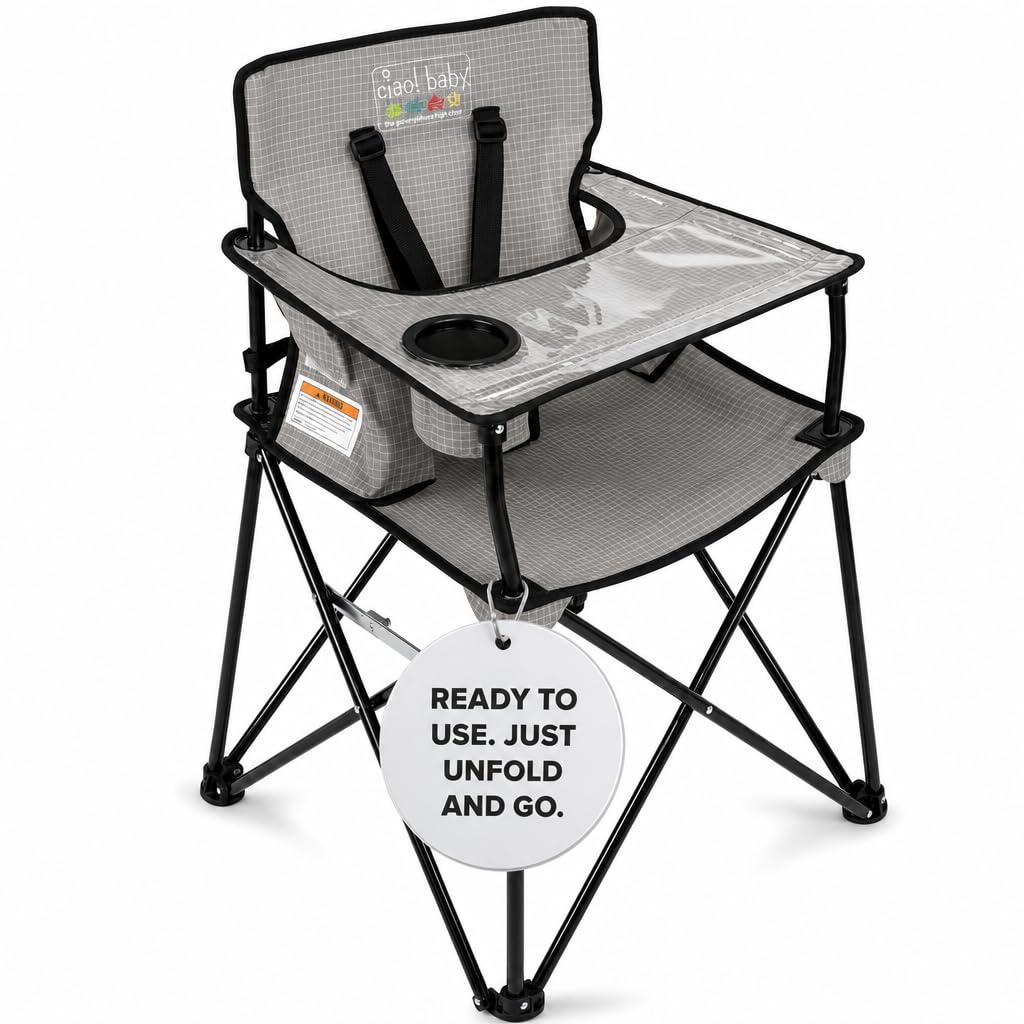 ciao! baby Portable High Chair, for Travel and Camping, Grey Check | With Tray, Carry Bag, 23 x 23 x 32 Inches, Nylon and Vinyl, No Assembly Needed