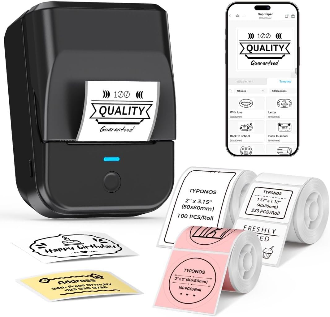 PM240 Label Maker Machine with 3 Tapes, Label Printer Black, Set 1 | 2” Bluetooth Thermal Sticker Label Maker for Small Business, Home, School, Office Safety Label Maker with Multiple Templates