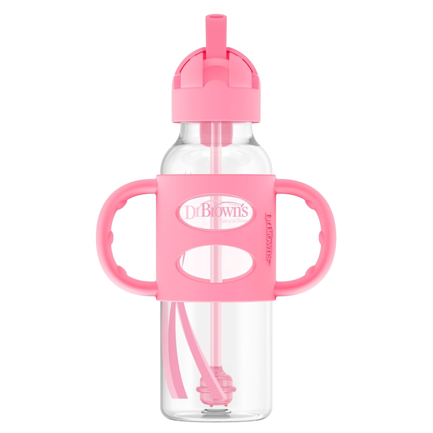 Dr. Brown’s Milestones Narrow Sippy Straw Bottle, Spill-Proof with 100% Silicone Handles and Weighted Straw, 8 oz/250 mL, Pink, 6m+