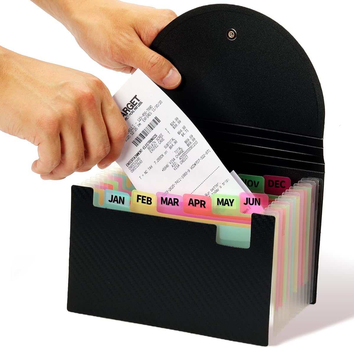 H4D Coupon Receipt Holder, 13 Pocket Accordion File Folder, 7 x 4.5, Black | Polypropylene Plastic, Elastic Button Loop, 6″ Expansion, A-Z, Monthly and Blank Tab Labels, Colored Pockets