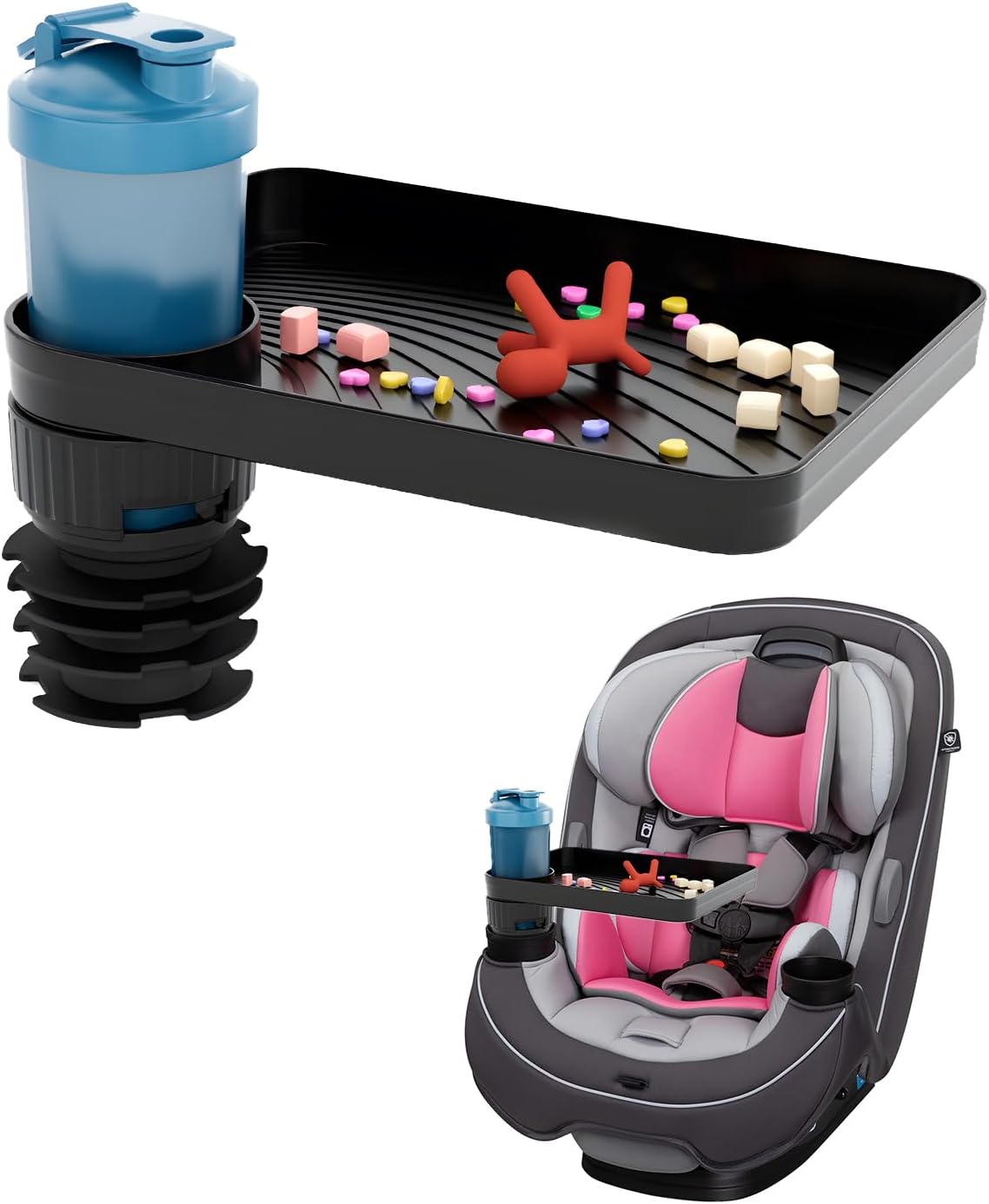SEVEN SPARTA Car Seat Tray for Kids Toddler Travel with Soft Rubber Base | 360° Rotatable and Removable Cup Holder Snack Tray for Food Color and Play for Family Road Trip Essentials, 1, Standard Base
