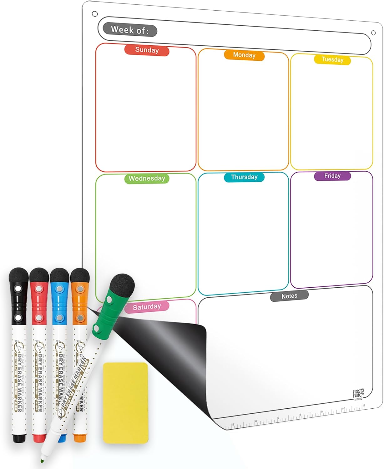 Magnetic Calendar for Fridge, Dry Erase Weekly Planner, 13″ x 16.9″ | Strong Magnetic Hold, Vertical Weekly Layout, Large Daily Spaces, Easy to Clean, Color-Coded, Dual-Magnet Markers & Eraser