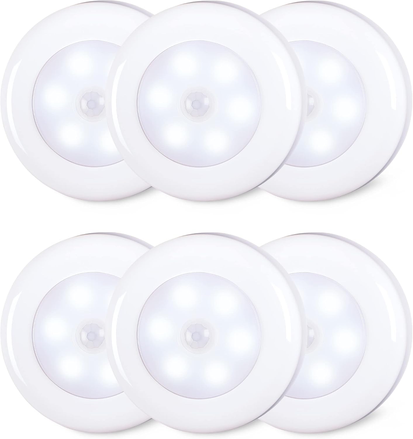 STAR-SPANGLED 2.8” LED Motion Sensor Light Indoor AAA Battery, 6 Pack White | Stick on Puck Light Battery Operated, Round Motion Activated Night Lamp, For Closet Stairs Under Cabinet Kitchen Pantry Shelf