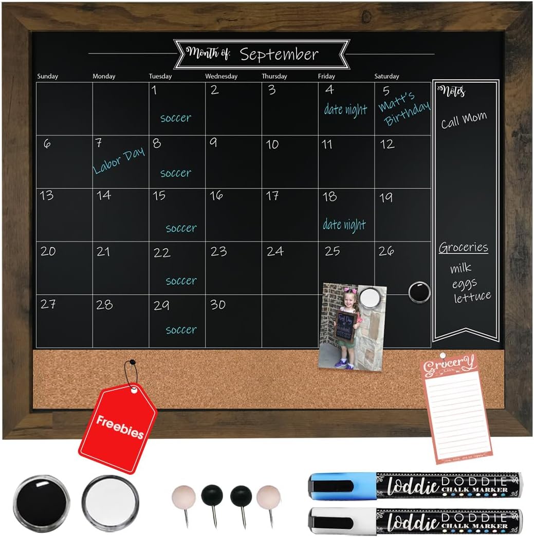 Loddie Doddie Framed Chalkboard Calendar, Menu Board for Kitchen, 24″ x 18″ | Bulletin Board Calendar, Magnet Display, 1 Magnet 4 Pushpins 2 Markers, Wall Mount Hardware, Rustic Frame, Home Office