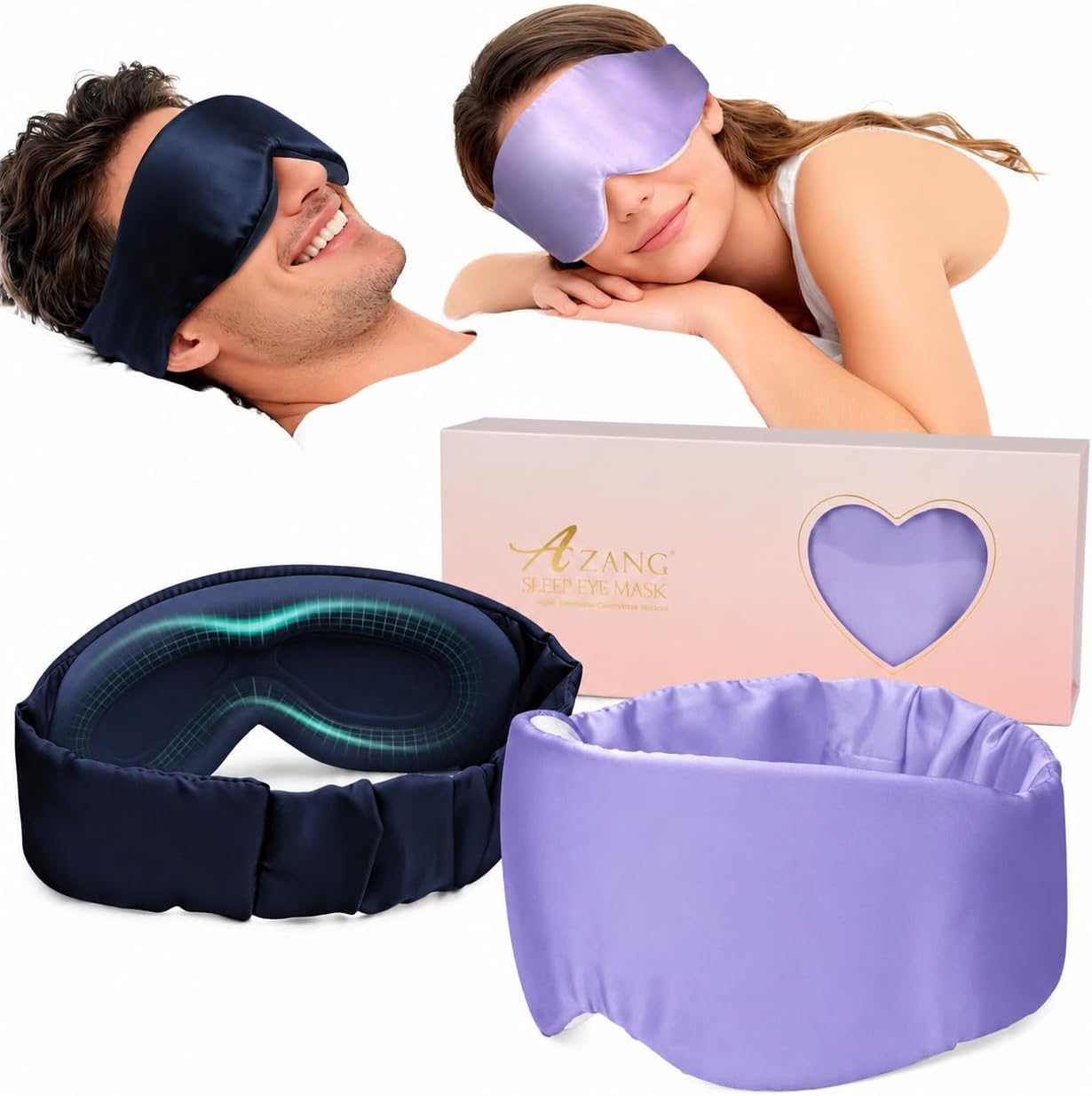 Silk Sleep Mask for Women & Men, 3D Blackout Eye Masks for Sleep, 2 Pack | Deep Cups, Zero Eye Pressure, Lash-friendly, Adjustable Strap, Exquisite Box, Travel Essentials, Purple & Blue