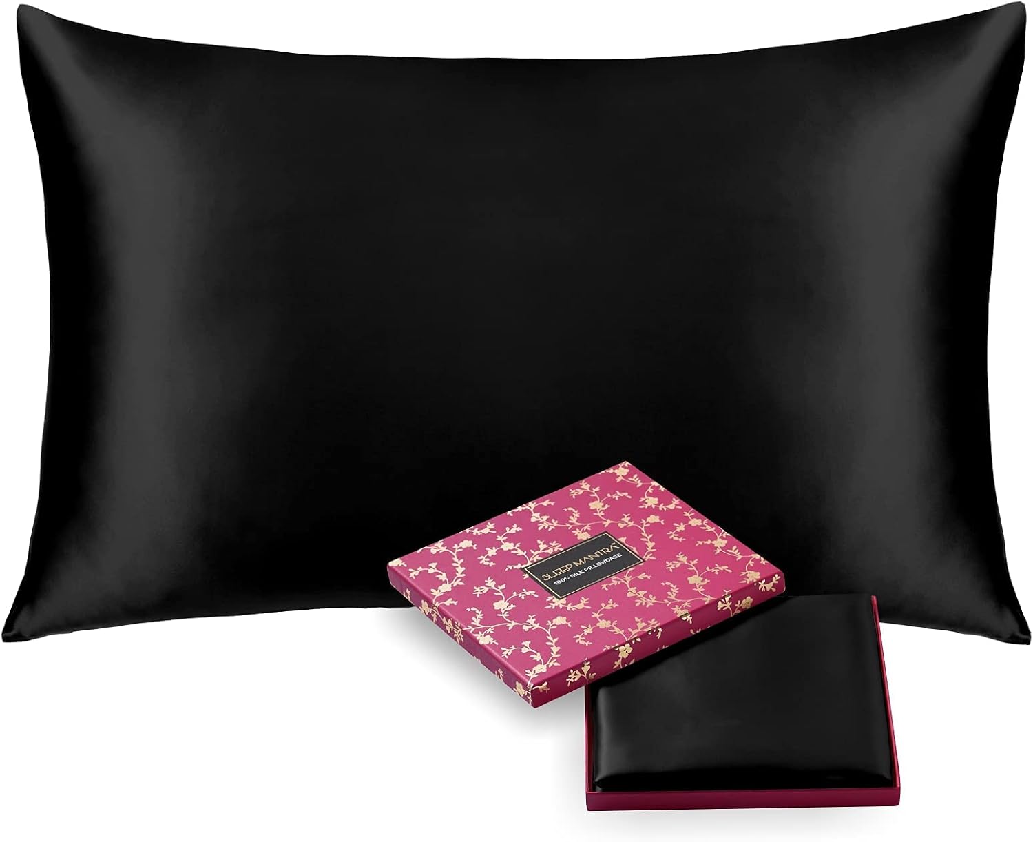 Sleep Mantra Silk Pillowcase 100% Mulberry for Hair and Skin Health, Hidden | Zipper, 22 Momme, Both Sides Smooth, Breathable and Natural, Machine Washable, (Standard, Black)