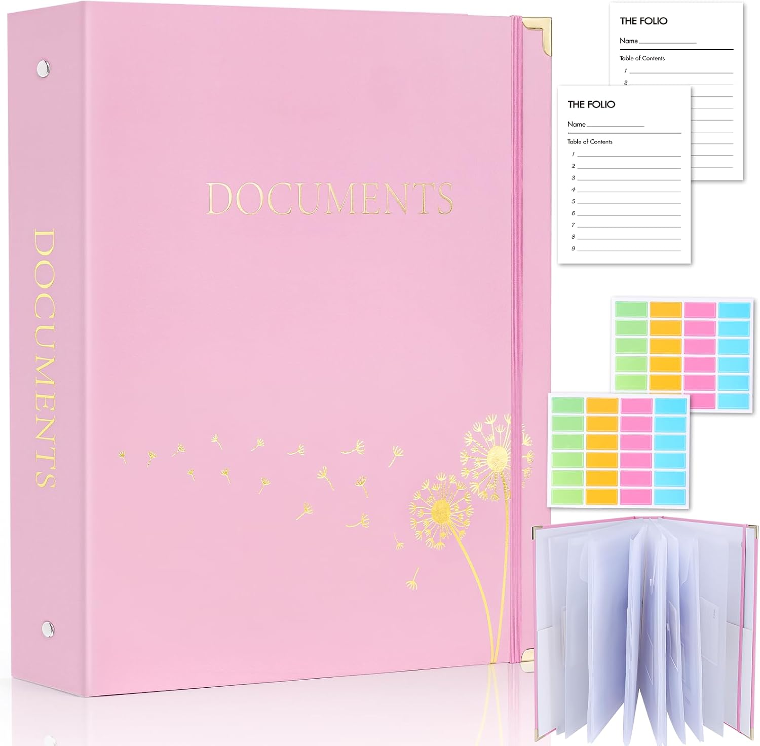 XKDOUS Important Document Organizer 3 Ring Binder Folio Folders for Papers | Pink Expanding File Storage Holder Emergency Binder Life Organizer with 9 Pockets, Labels for Files, Bills, Passports, Photos