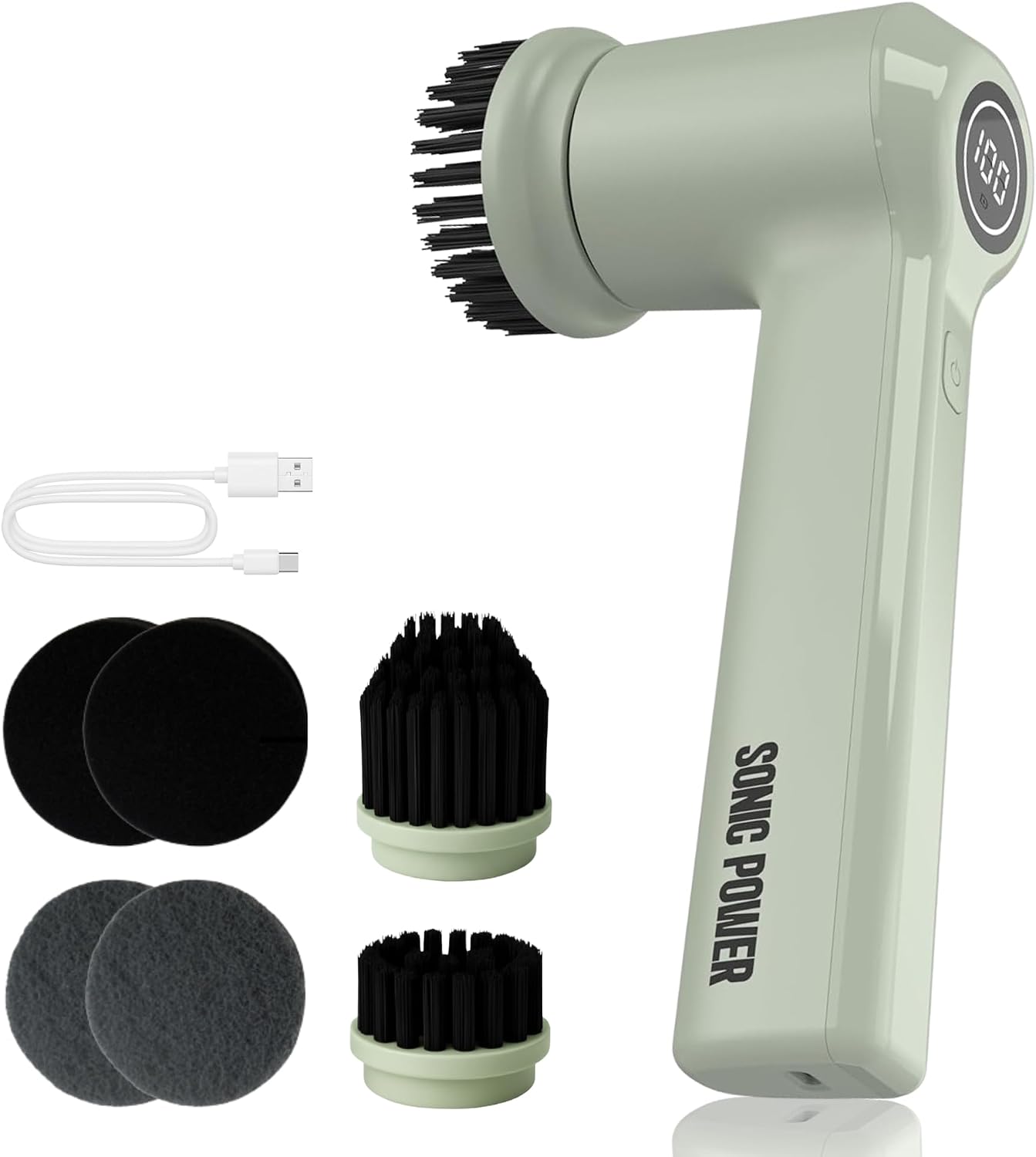 SonicPower Electric Spin Scrubber – Handheld & Ergonomic, IPX7 Waterproof, 4 Multi-Purpose Brush Heads, Long-Lasting Rechargeable Battery – Cleans Dishes, Bathroom, Tile, Grout & Kitchen (Sage)