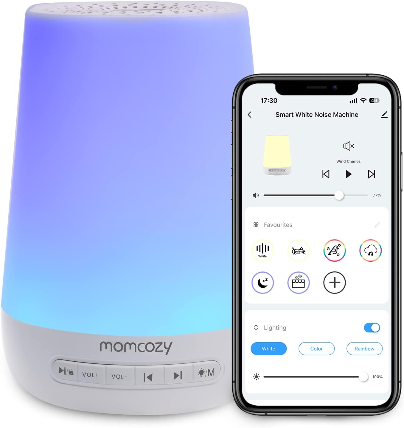 Momcozy Smart Baby Sound Machine with Night Light, White Noise Machine | Toddler Sleep Trainer 34 Soothing Sleep Sounds, Timer, App Remote Control, Egg Light, Personal Sleep Routine Alarm Clock