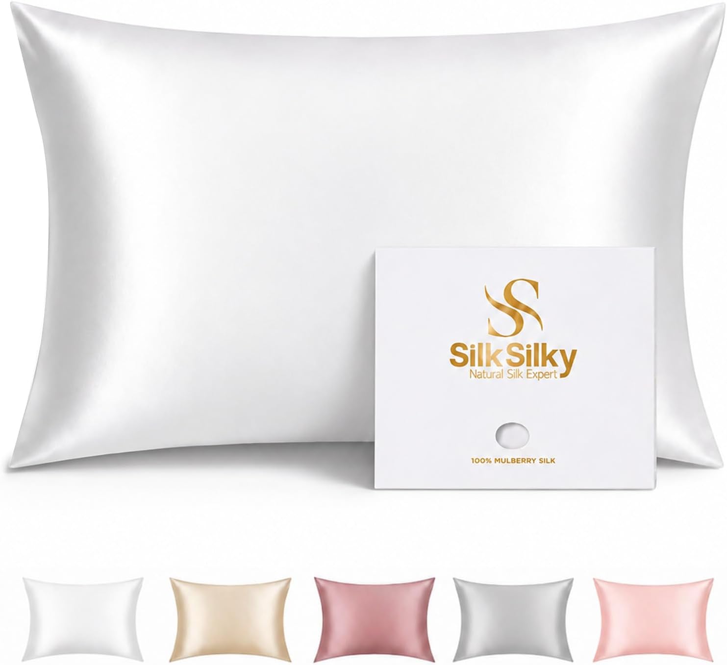 100% Organic Mulberry Silk Pillow Cases for Hair & Skin Standard | Both Sides Grade 6A Silk, Breathable & Cooling, Hidden Zipper, Gift for Women & Men (Standard 20”x26”, White)