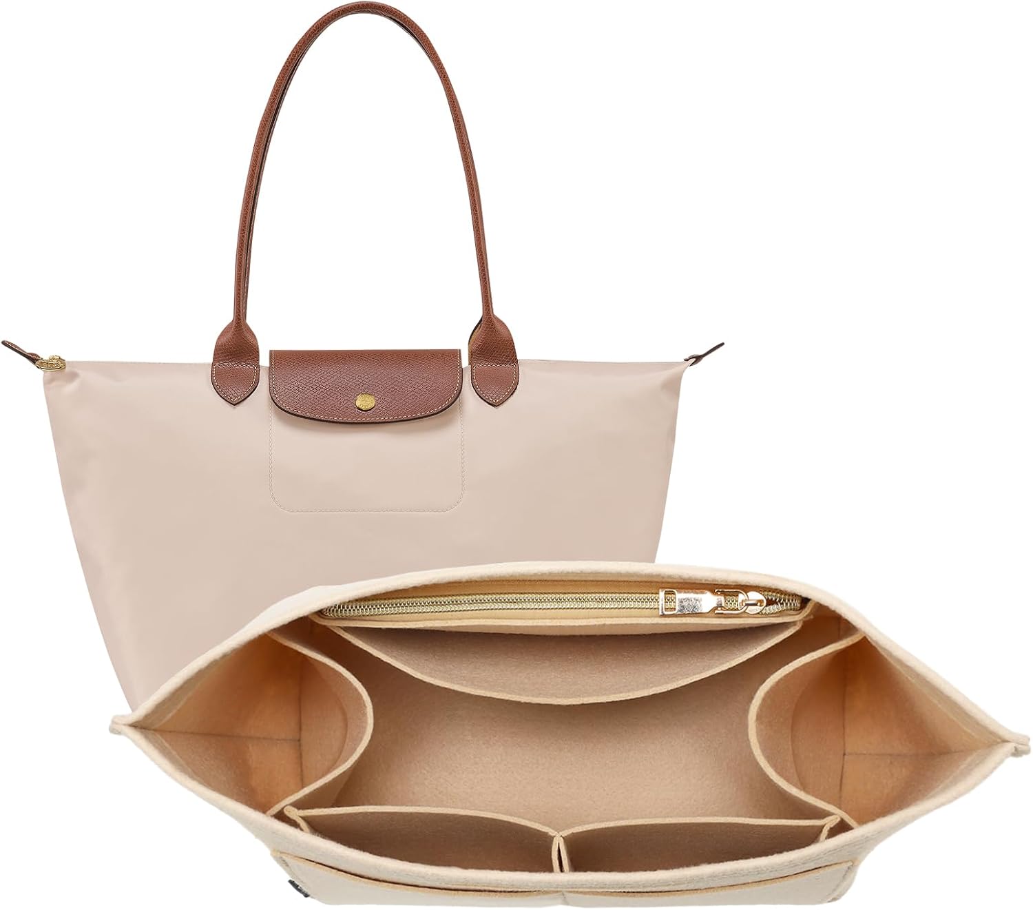 OPPOSHE Purse Organizer Insert for Longchamp Le Pliage, Premium Felt Long Champ Bag Handbag Women, Tote Organizer Insert with 9 Compartments (Large, Beige)