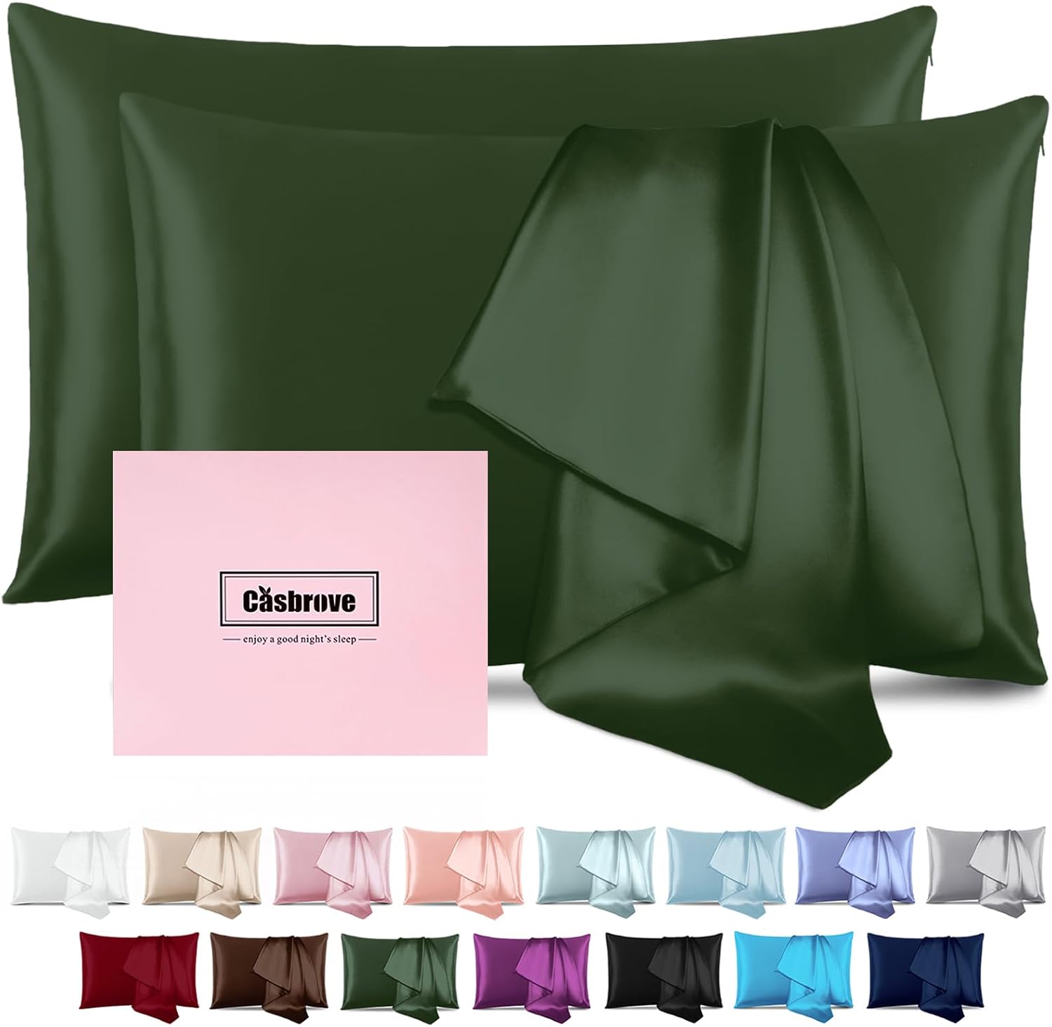 Silk Pillow Cases with Zipper,Mulberry Pillow Case,Green,Standard,2 Pack | 20×26 Silk Pillowcase for Hair and Skin,Luxury Hypoallergenic Pillow Cover Women Bed Sleep,Soft Breathable Smooth,for Gift