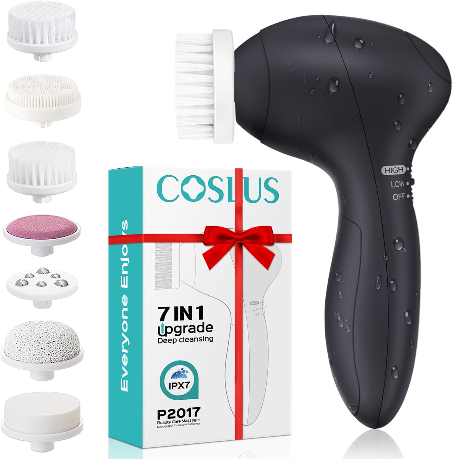 COSLUS Facial Cleansing Brush Silicone Face Scrubber: 7 in 1 FBS-D Electric Exfoliating Rotating Massage Device Waterproof Deep Cleaning Exfoliation Spa Machine – Electronic Skin Care Wash System | Electric Exfoliator Massage Brush for Deep Cleaning, Gentle Skin Care, for Men and Women, Waterproof, Blue, Upgrade Set