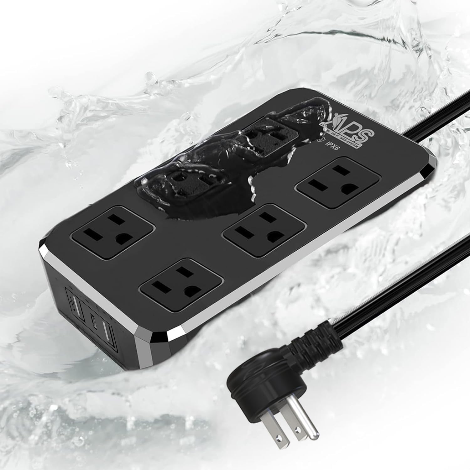 IPX6 Outdoor Power Strip Weatherproof, Waterproof Overload Protector with 6 Wide Outlet 3 USB Ports, 6FT Long Extension Cord, Wall Mountable for Outside Decorations and More UL Listed,Black
