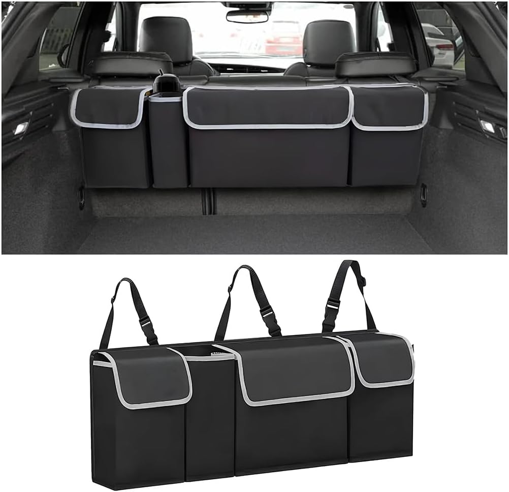 AUCELI Car Trunk Organizer, Hanging Backseat Storage Bag, Black | Backseat hanging trunk organizer with 4 Pockets, waterproof collapsible cargo bag, adjustable straps, Universal accessories