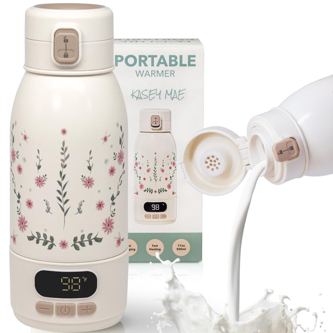 Portable Bottle Warmer for Travel – Precise Heating for Breastmilk & Formula – Fast 3-Minute Heating, USB Rechargeable, Baby Milk & Formula Warmer On the Go, Long Battery, Floral, 17oz