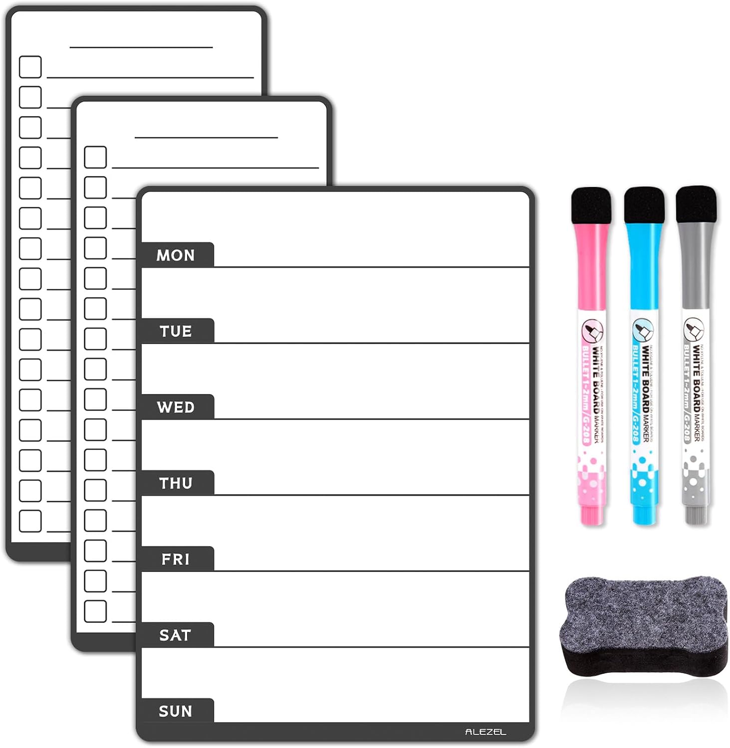 ALEZEL Weekly Dry Erase Board for Fridge, Magnetic Meal Planner Whiteboard Set – Includes Weekly Calendar for Refrigerator & 2 to Do List White Boards, 3 Markers + Eraser