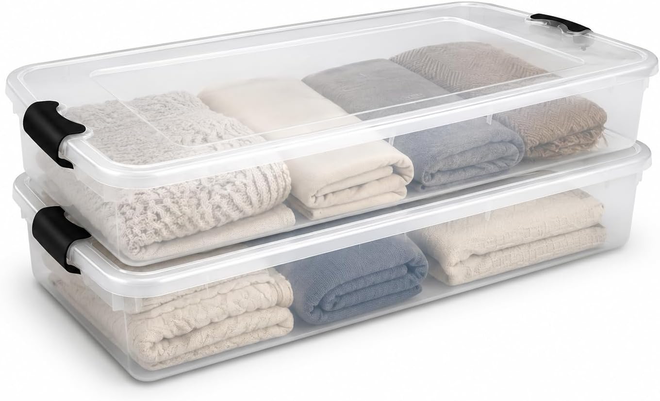 HOMZ Under Bed Clear Plastic Storage Bin w/Lid, 60 Qt, Gray Latch, 2 Pack | Stackable Underbed Container Set for Shoes, Bags, Clothes, and Towel Organization