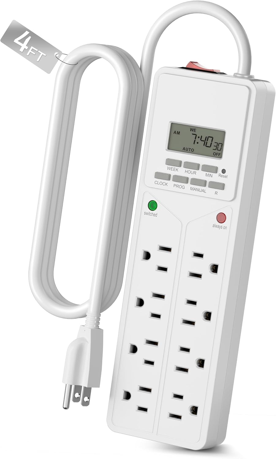 BN-LINK 8 Outlet Surge Protector with 7-Day Digital Timer (4 Outlets Timed, 4 Outlets Always On) – White | Power Strip Timer with 4 Timed & 4 Always-On Outlets, Indoor Light Timer for Aquarium, Grow Lights, Christmas Decor, 4FT Cord