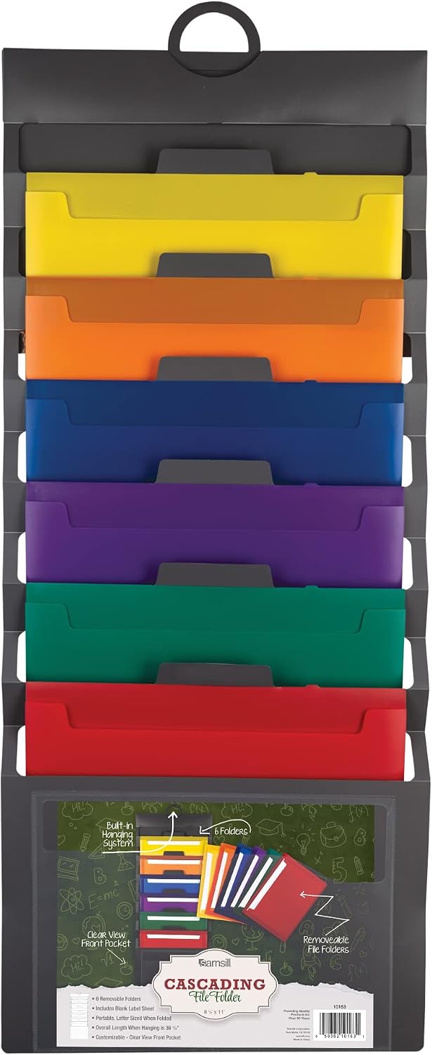 Samsill Cascading Wall File Organizer, Classrom Organization and Storage, 6 Removable Poly Hanging File Folders, Command Center Wall Organizer, Gray with Assorted Color Folders