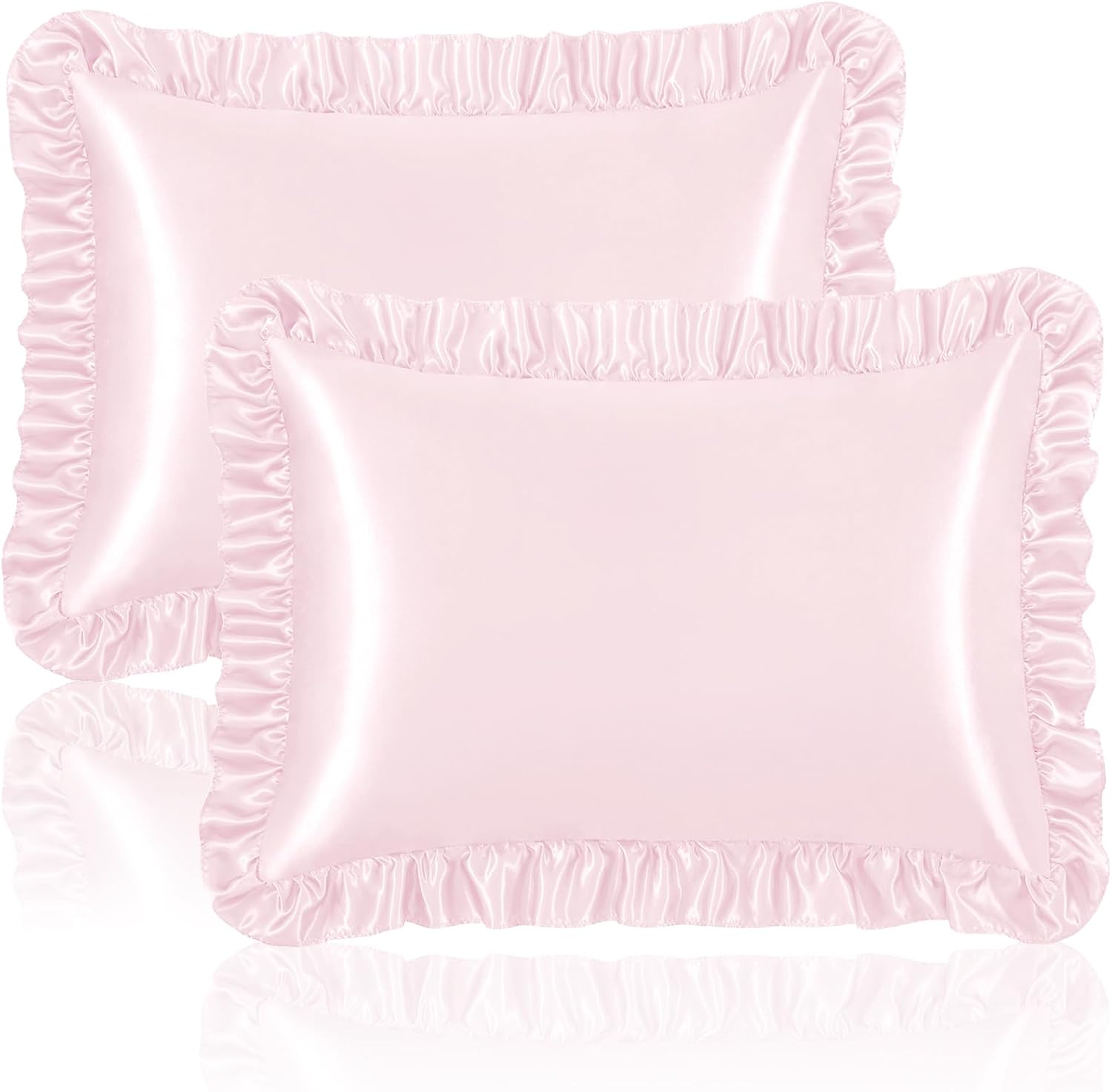 Homiest Blush Pink Ruffle Satin Pillowcase Set of 2, Standard | 3-Inch Ruffled Edge, Envelope Closure, Silky Polyester Satin, Protects Hair And Skin, Fade Resistant, Machine Washable