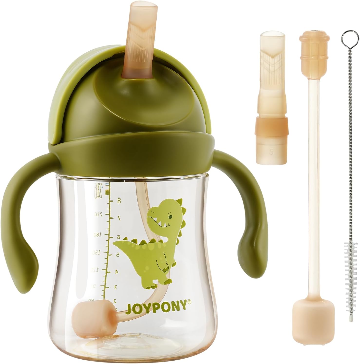 Joypony Sippy Straw Cups for Toddlers 1-3, Spill-Proof Baby Cups, 9oz Green | PPSU Weighted Straw Cups for 6 Months+, Toddler Water Bottle with Straw, Leak Proof Toddler Cups 2 Silicone Straws, BPA-Free